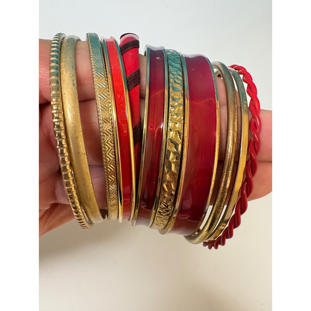 Red Gold Bangle Bracelet Set 11pc‎ Stackable Enamel Hammered Boho